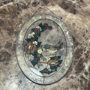 Vintage oval painted glass suncatcher with birds and floral motifs